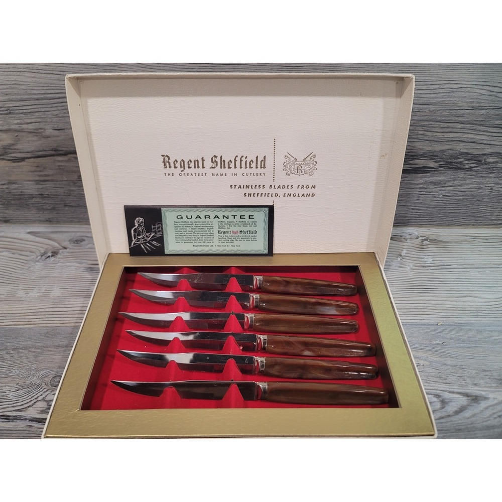 VTG Regent Sheffield Stainless Brown Bakelite Steak Knives Set of 6 w/Box